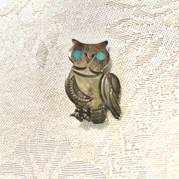 Vintage Turquoise Owl Sterling Silver Pin Native American Trading Post Jewelry - Picture 2 of 4